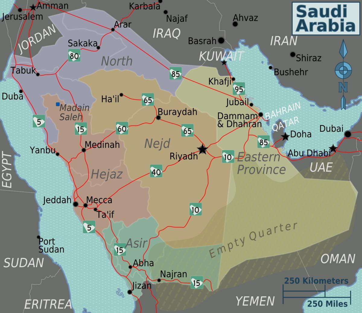 Kort Saudi-Arabien med byer afstand