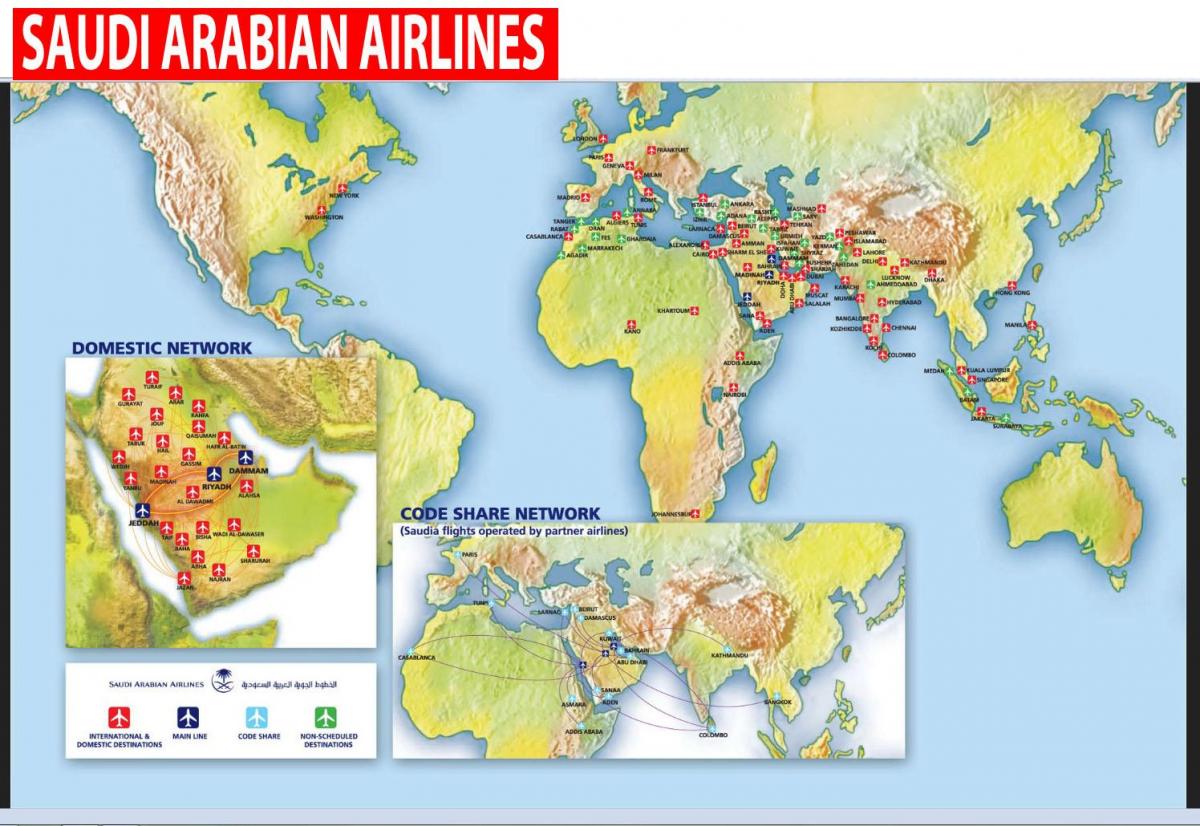 Kort over Saudi Arabian airlines ruten